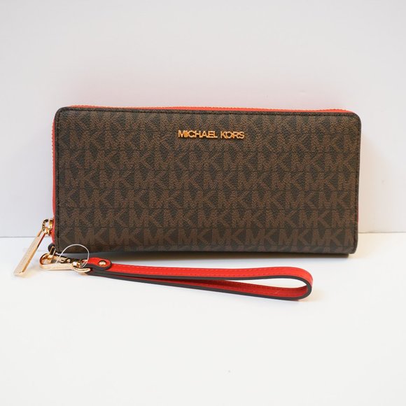 Michael Kors Jet Set Travel Continental Wallet MK Brown Red(Flame) - Picture 1 of 11
